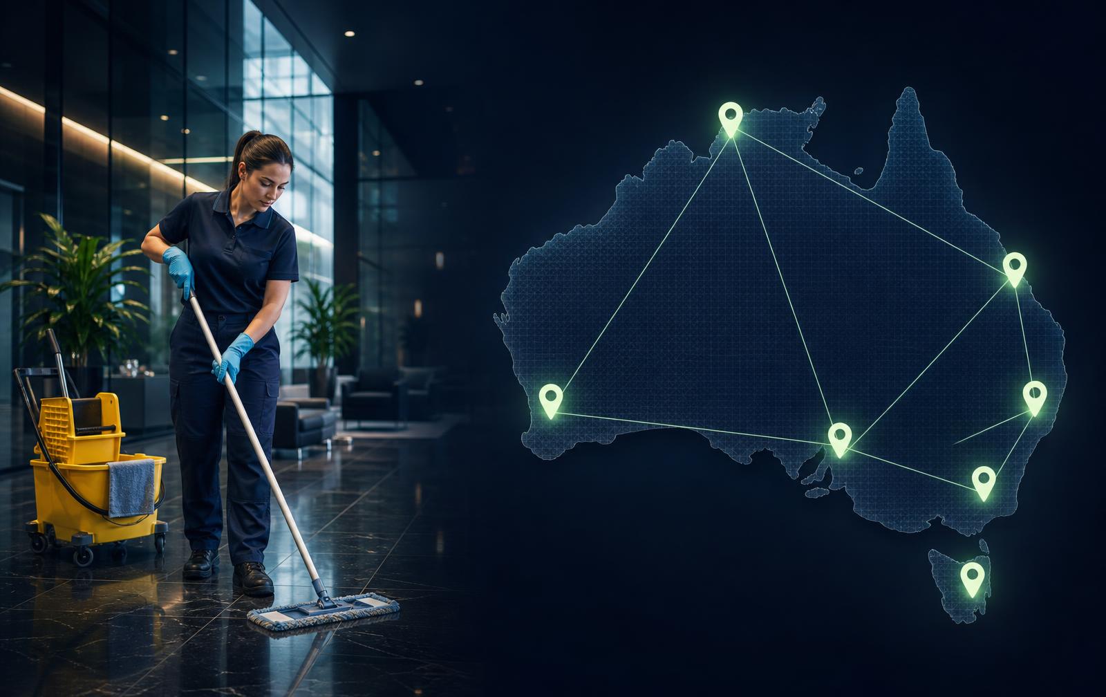 Commercial cleaner mopping an office lobby beside a map of Australia with green location pins on the capital cities